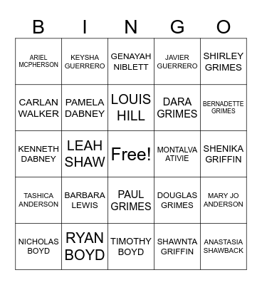 GRIMES FAMILY REUNION Bingo Card
