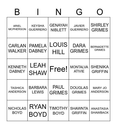 GRIMES FAMILY REUNION Bingo Card