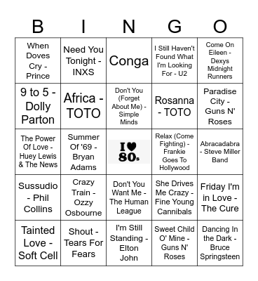 Summer Hits of the 80's Bingo Card