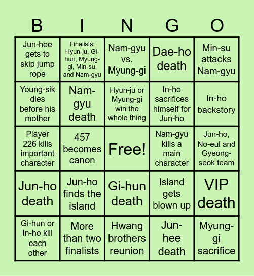 Squid Game Season Three Bingo Card