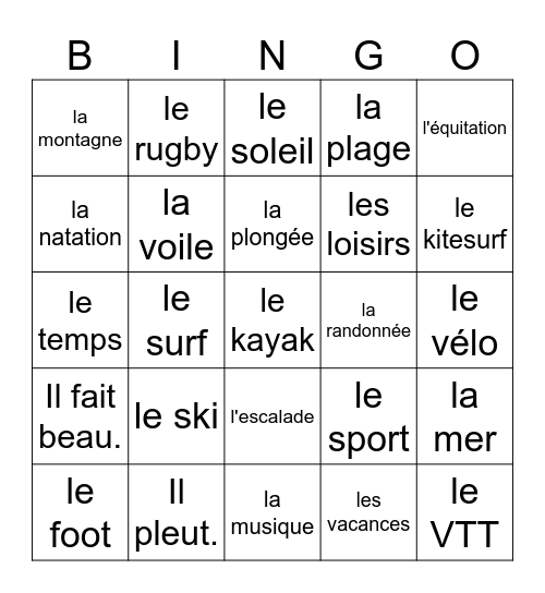Destination vacances Bingo Card