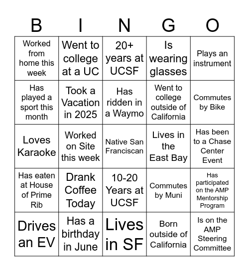 AMP Summer Social BINGO! - 1 Name Per Square - 5 in a row vertical, horizontal, or diagonal to win! Bingo Card