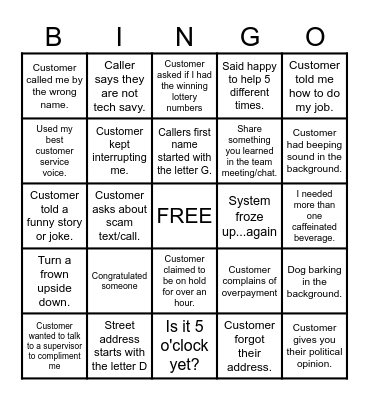 CUSTOMER SERVICE BINGO Card