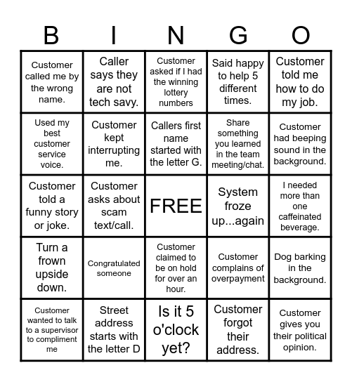 CUSTOMER SERVICE BINGO Card