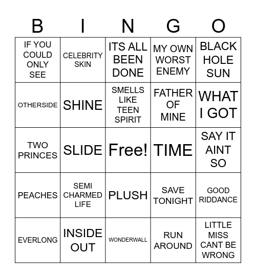 90S ALTERNATIVE Bingo Card