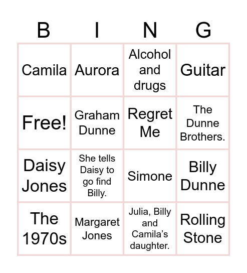Daisy Jones & The Six Bingo Card