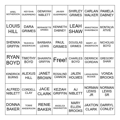 GRIMES FAMILY REUNION Bingo Card