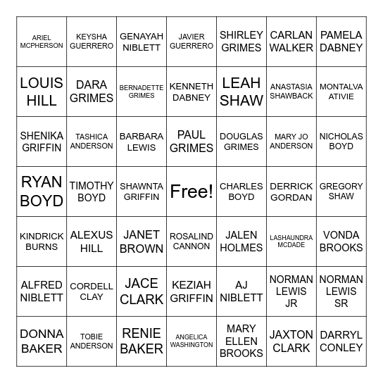 GRIMES FAMILY REUNION Bingo Card