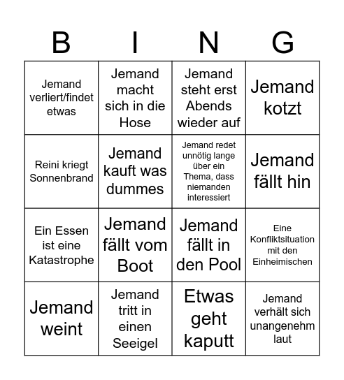 Urlaub Bingo Card