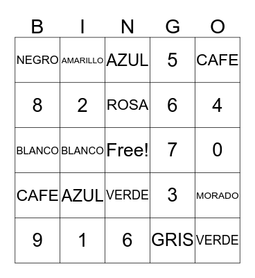 colores y numeros Bingo Card
