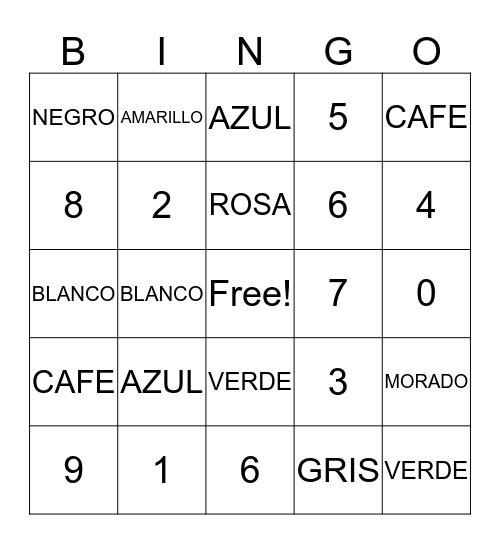 colores y numeros Bingo Card