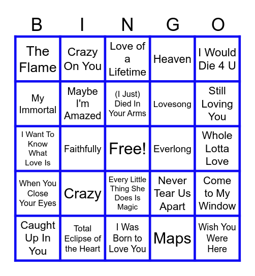 MUSIC BINGO at the Ann Arbor Eagles!  Love Songs that Rock! Bingo Card