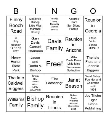 Bishop Davis Williams Family Reunion Bingo Card