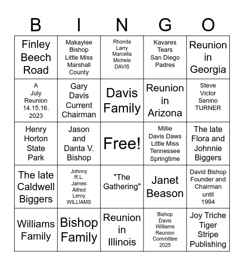 Bishop Davis Williams Family Reunion Bingo Card