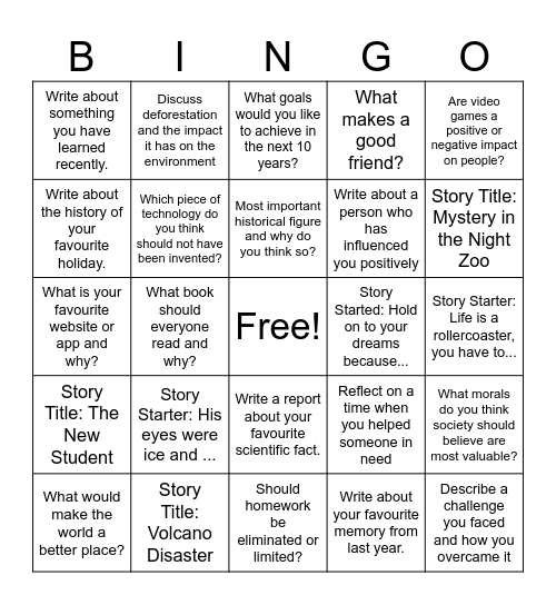 Essay Writing Bingo Card