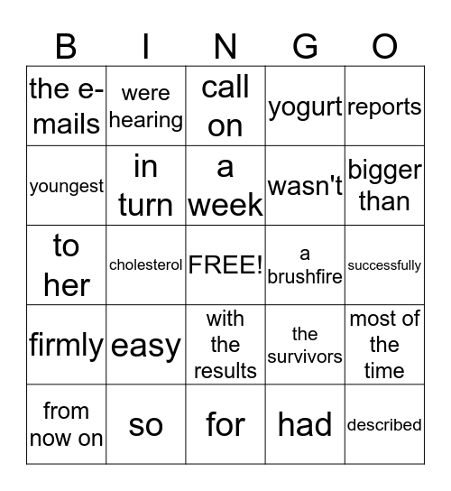 English Grammar Bingo Card
