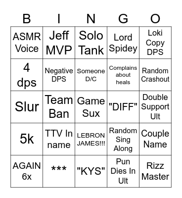 JC Marvel Rivals Bingo Card Bingo Card