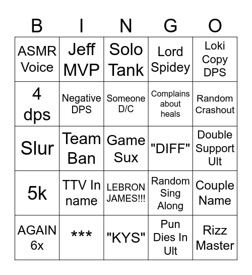 JC Marvel Rivals Bingo Card Bingo Card