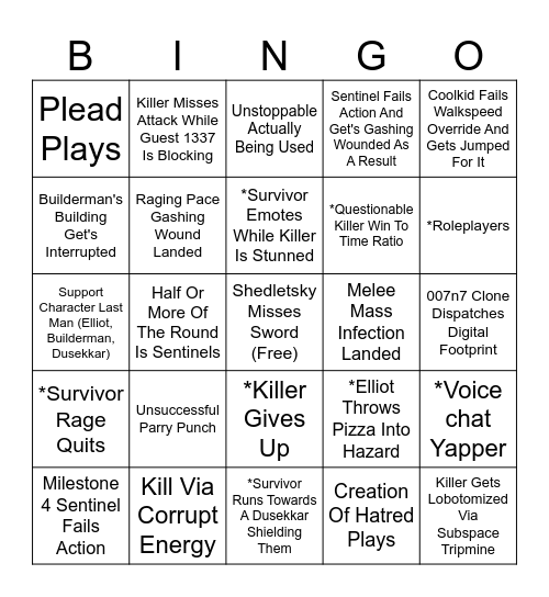 Forsaken Bingo Card