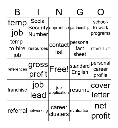 Employment Skills -- Bingo #1 Bingo Card