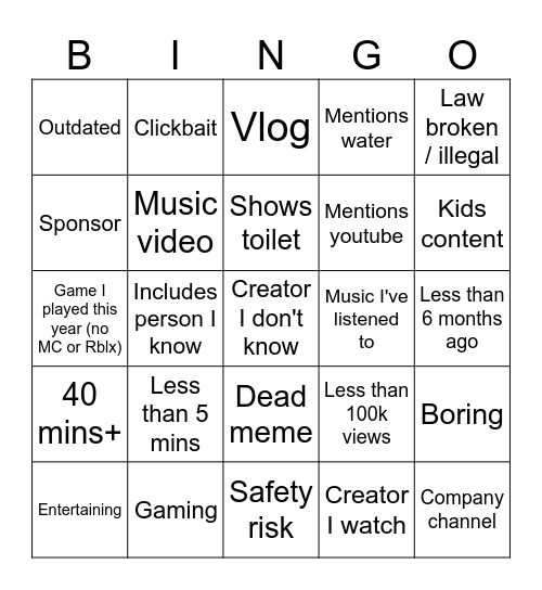 Youtube Bingo Card