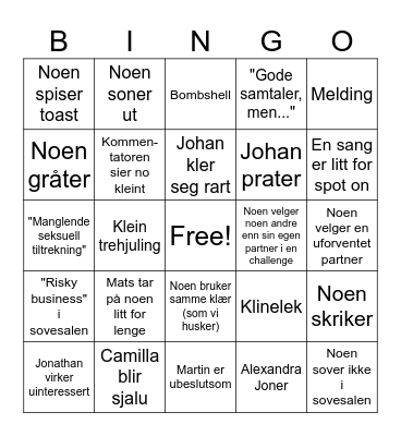 Love Island Norge Bingo Card