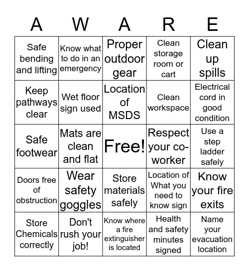 Health and Safety Bingo! Bingo Card