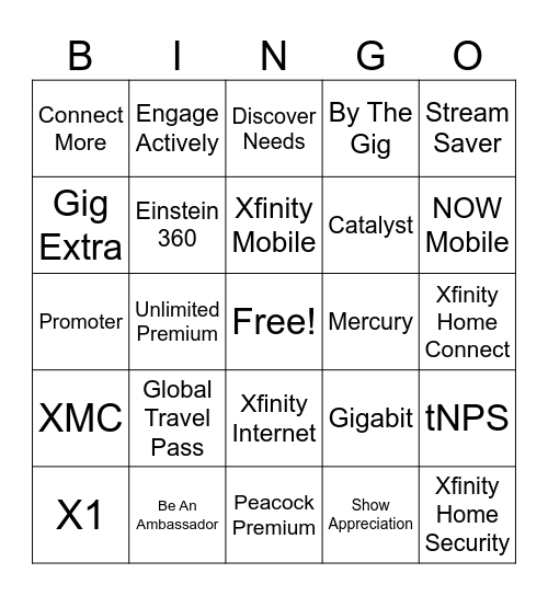 Xfinity Bingo Card