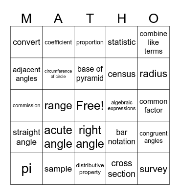 7 and 8th Grade Vocabulary Bingo Card