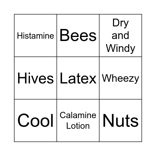 Allergy Bingo Card