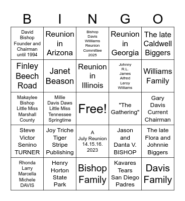 Bishop Davis Williams Family Reunion Bingo Card
