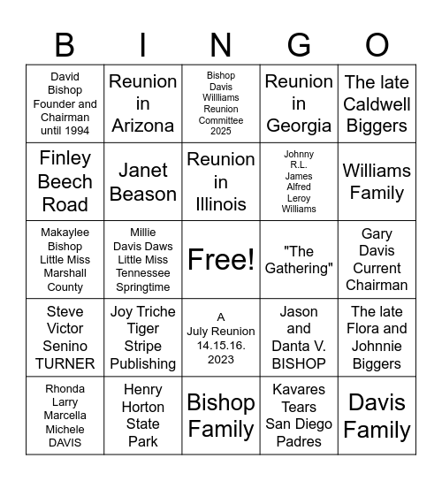 Bishop Davis Williams Family Reunion Bingo Card