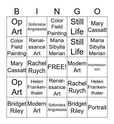 Famous Female Artists  Bingo Card