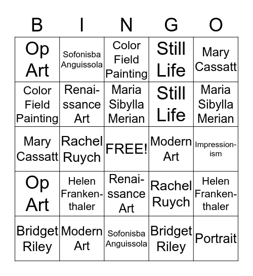 Famous Female Artists  Bingo Card