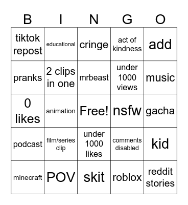 yt shorts Bingo Card