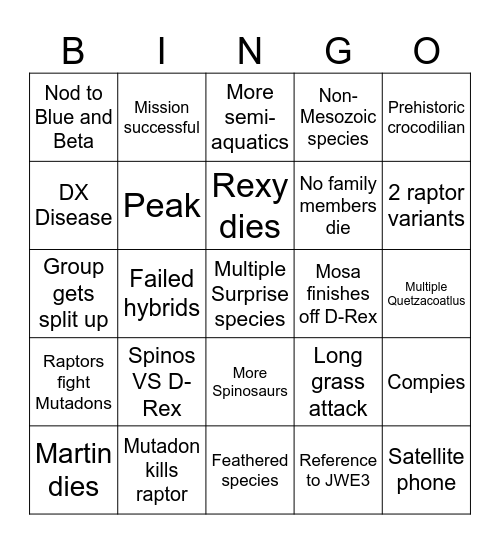 JWR Predictions 2 Bingo Card