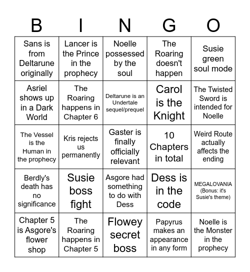 Deltarune Bingo Card