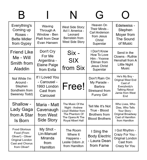 Musicals Round Bingo Card