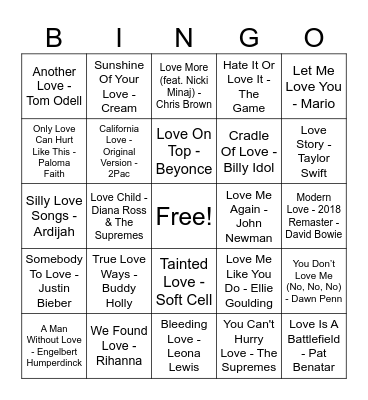 Love Songs Round Bingo Card