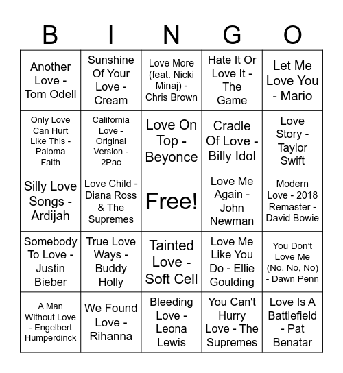 Love Songs Round Bingo Card