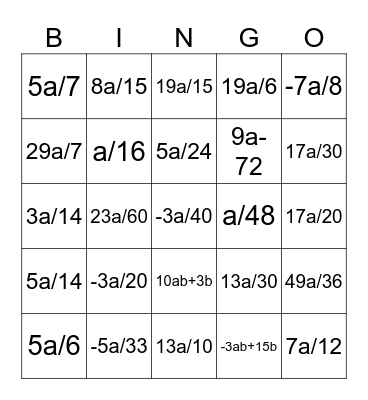 Adding and Subtracting Fractions Bingo Card