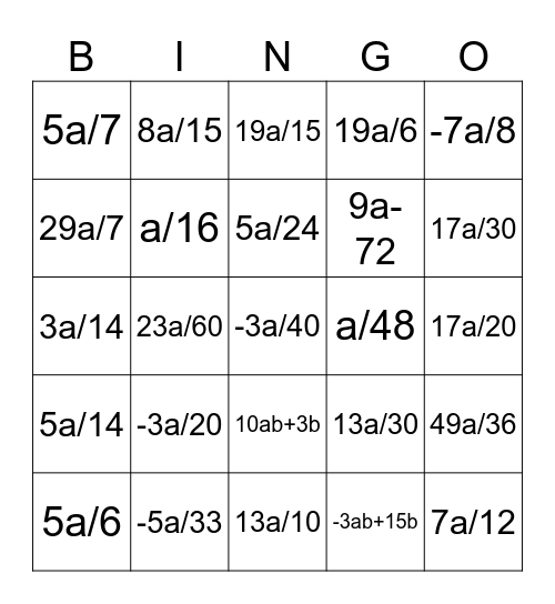 Adding and Subtracting Fractions Bingo Card