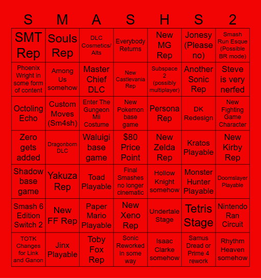 Smash 6 Bingo Card