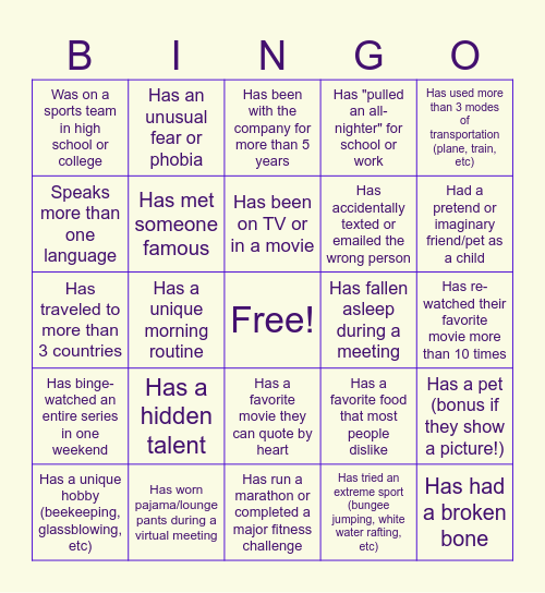 TEAM BINGO - FIND SOMEONE WHO... Bingo Card