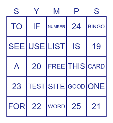 SYMP TEST Bingo Card