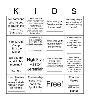 KIDS Bingo Card