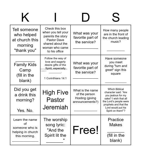 KIDS Bingo Card