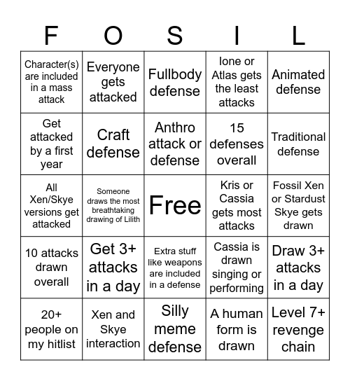 Fossils 2025 Bingo Card