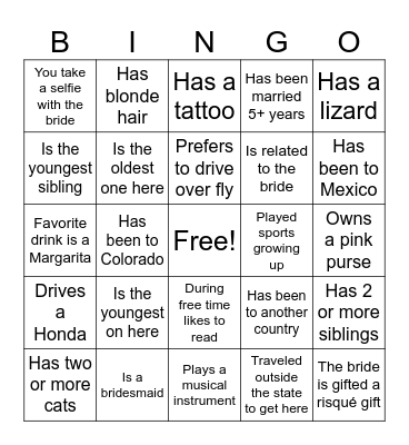 Bridal Bingo Card