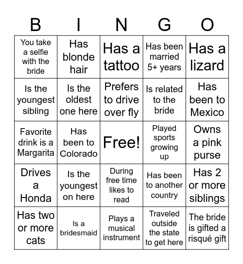 Bridal Bingo Card